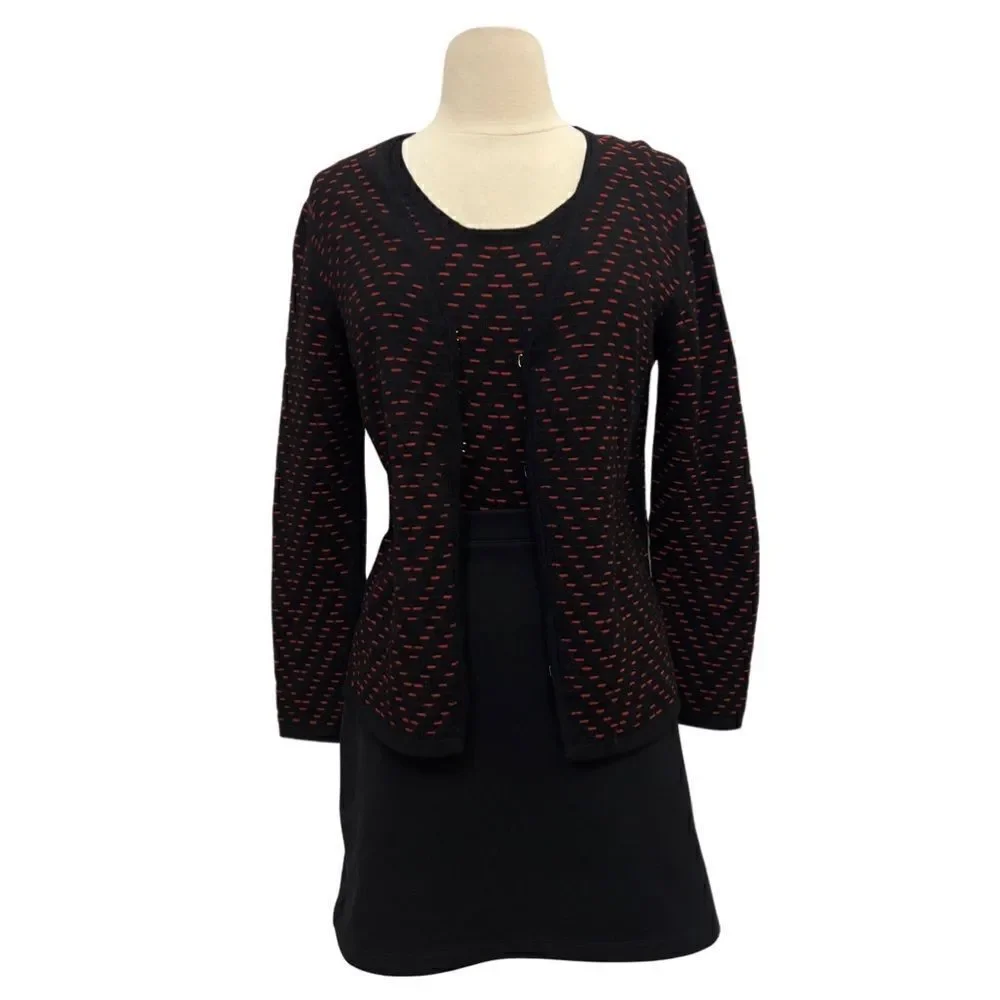 Lux Les Copains 2 Piece Textured Red Black Wool Cardigan and Sleeveless Blouse